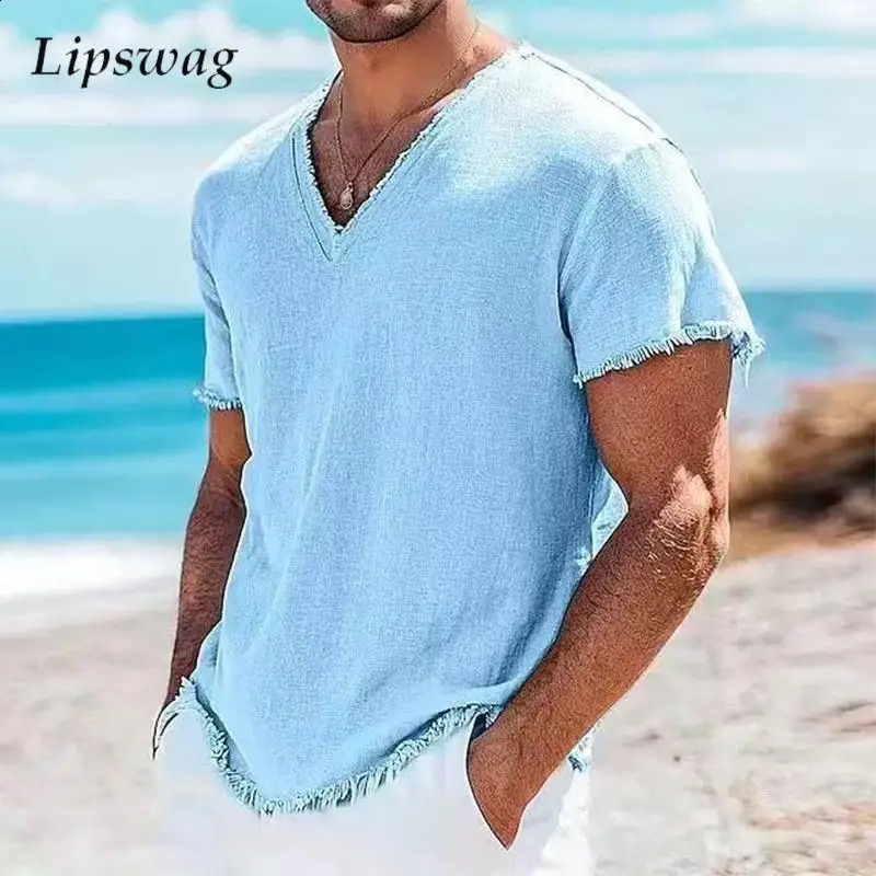Seaside Beach Casual Mens Linen T Shirts Summer Fashion Solid Color Breathable T-shirt Mens Outdoor Vintage V Neck Ripped Tops 260528BJ