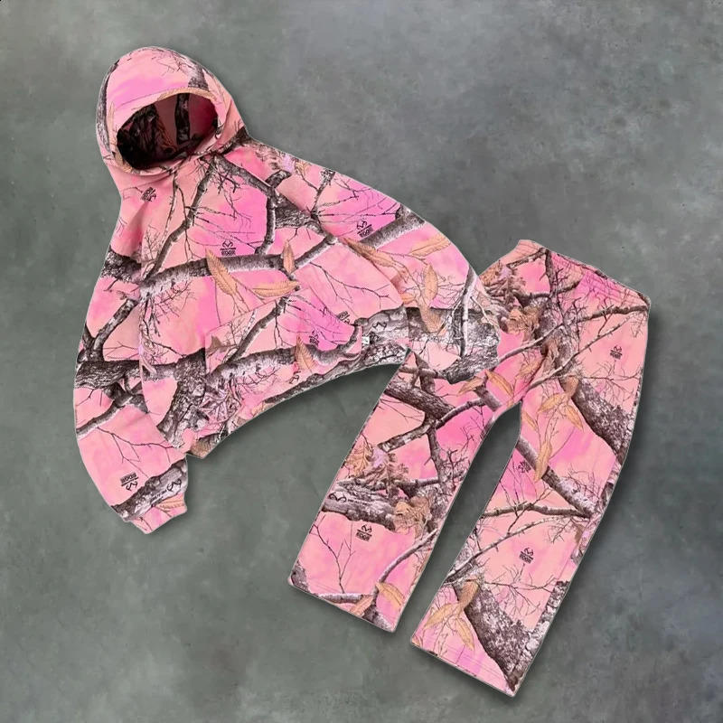 Y2K Retro Hoodie Men Pink Print Camouflage Pattern Sweatshirt High Street Hip Hop Streetwear Goth Women Pant Camo Hoodie Unisex 260723