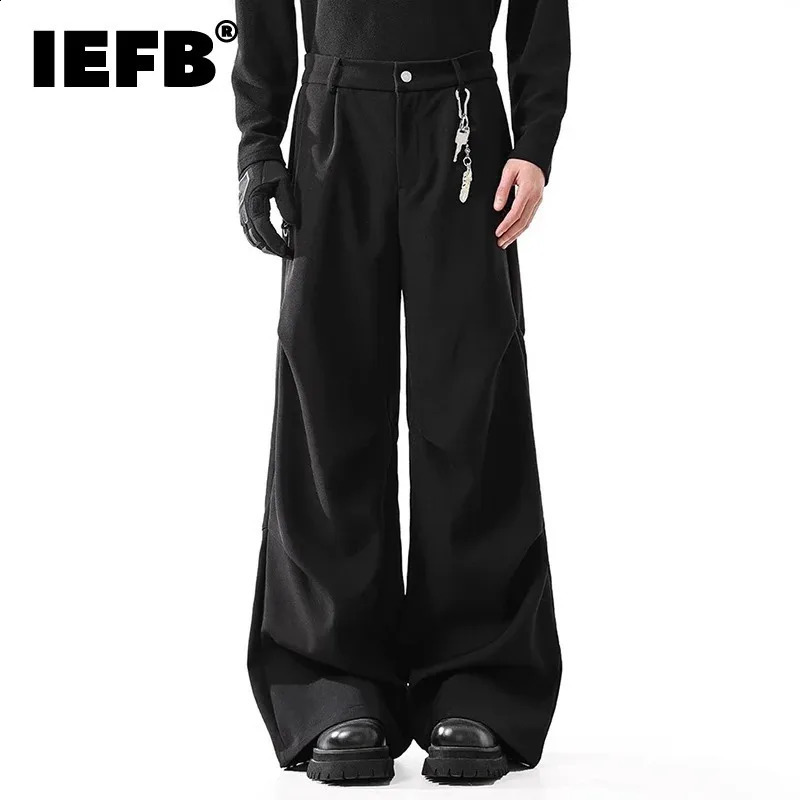 IEFB Dark Style Mens Suit Pants Solid Color Pleated Casual Cleanfit Wide Leg American Drape Straight Male Bottom Autumn 9W4322 260527BJ