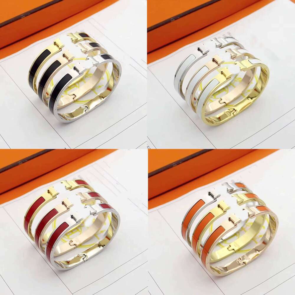 Luxury H Buckle Enamel Bangle Tri-color Plated Copper Enamel H Bangle Set, Fashion Open Cuff Bracelet for Ladies H Designer Brand Bangle for Men-image-1108441375
