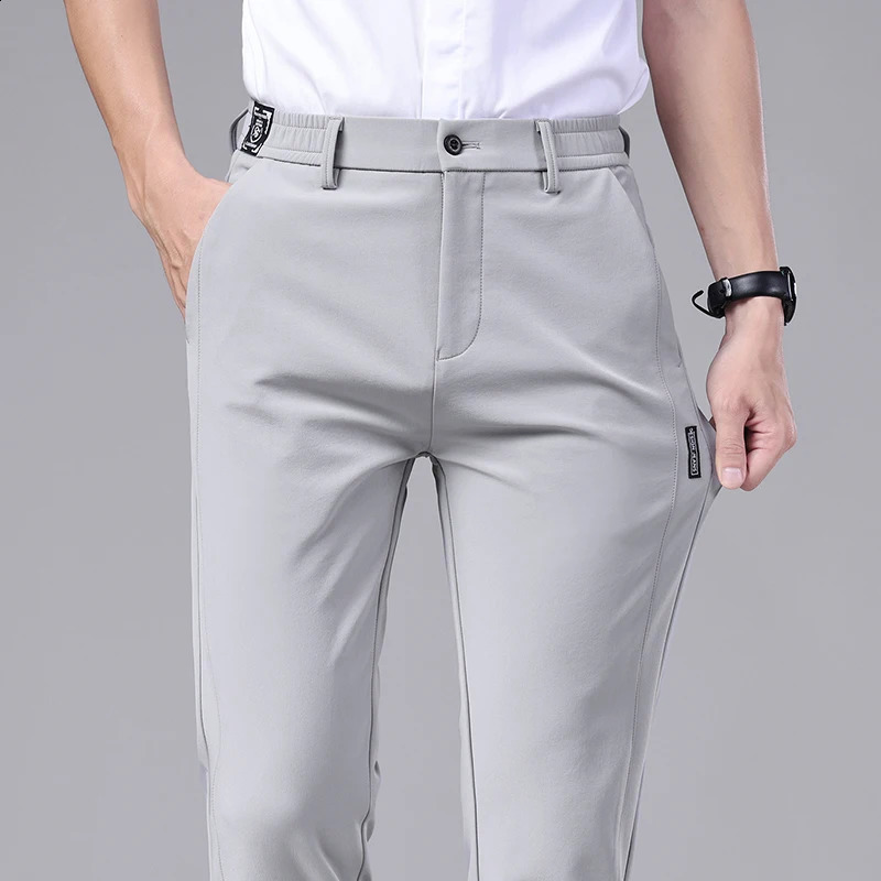 Ultra-thin Elastic Mens Casual Trousers Summer Quick-drying Ice Silk Slim Straight Business Solid Color Trousers Black Gray 260527BJ