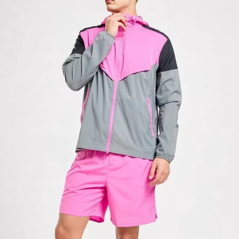 Mens designer running suit new monterex tracksuit hooded jacket tech 2 piece set sports fitness suit miller hooded windbreaker shorts pink quick dry