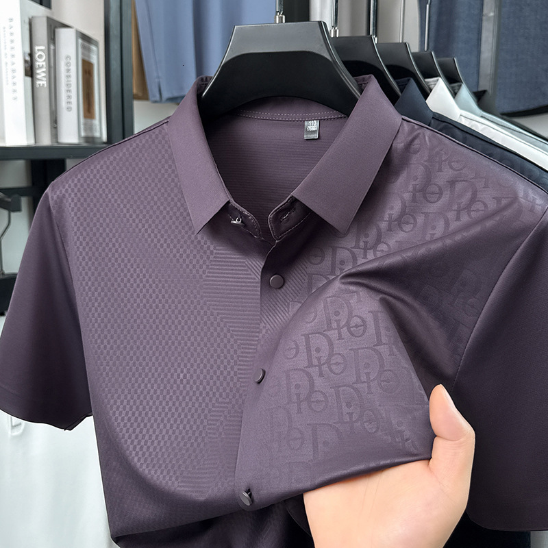 Mulberry Silk Mens Fashionable Short Sleeved Luxury Shirt Summer New Item Seamless Printed Mens Business Casual Ice Silk Thin Shirt Mens Polo Shirt