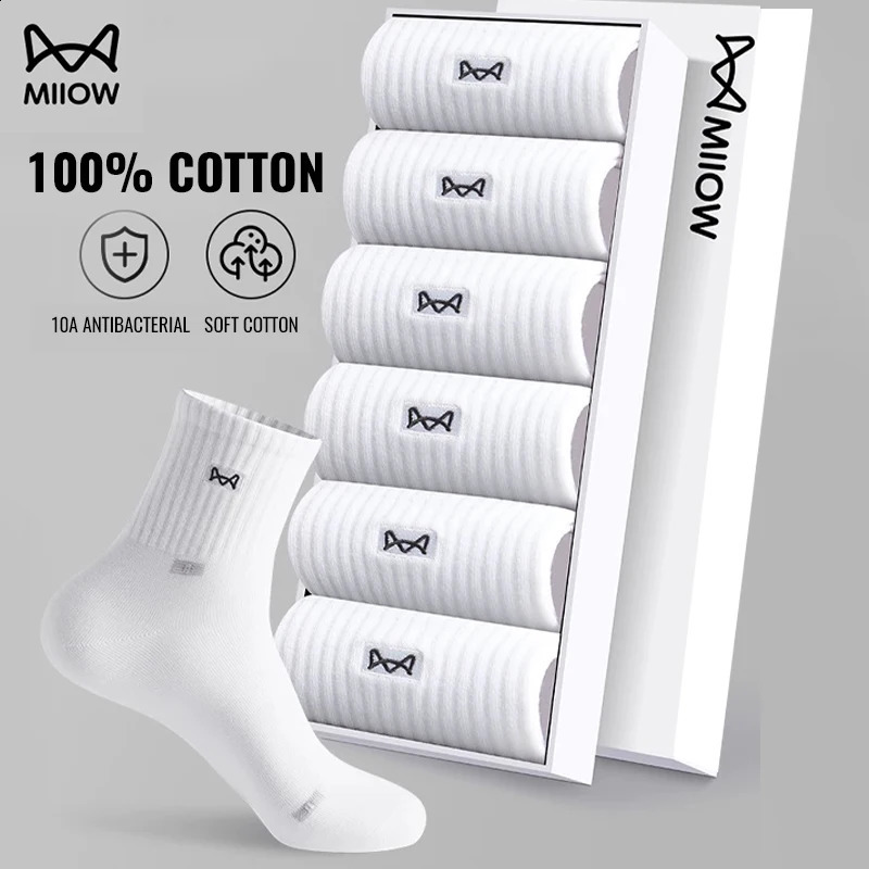 MiiOW 100 Pure Cotton Socks Men Business Dress Long Sock Black White Antibacterial Anti Odor Crew Socks Breathable Sport Sock 260530BJ
