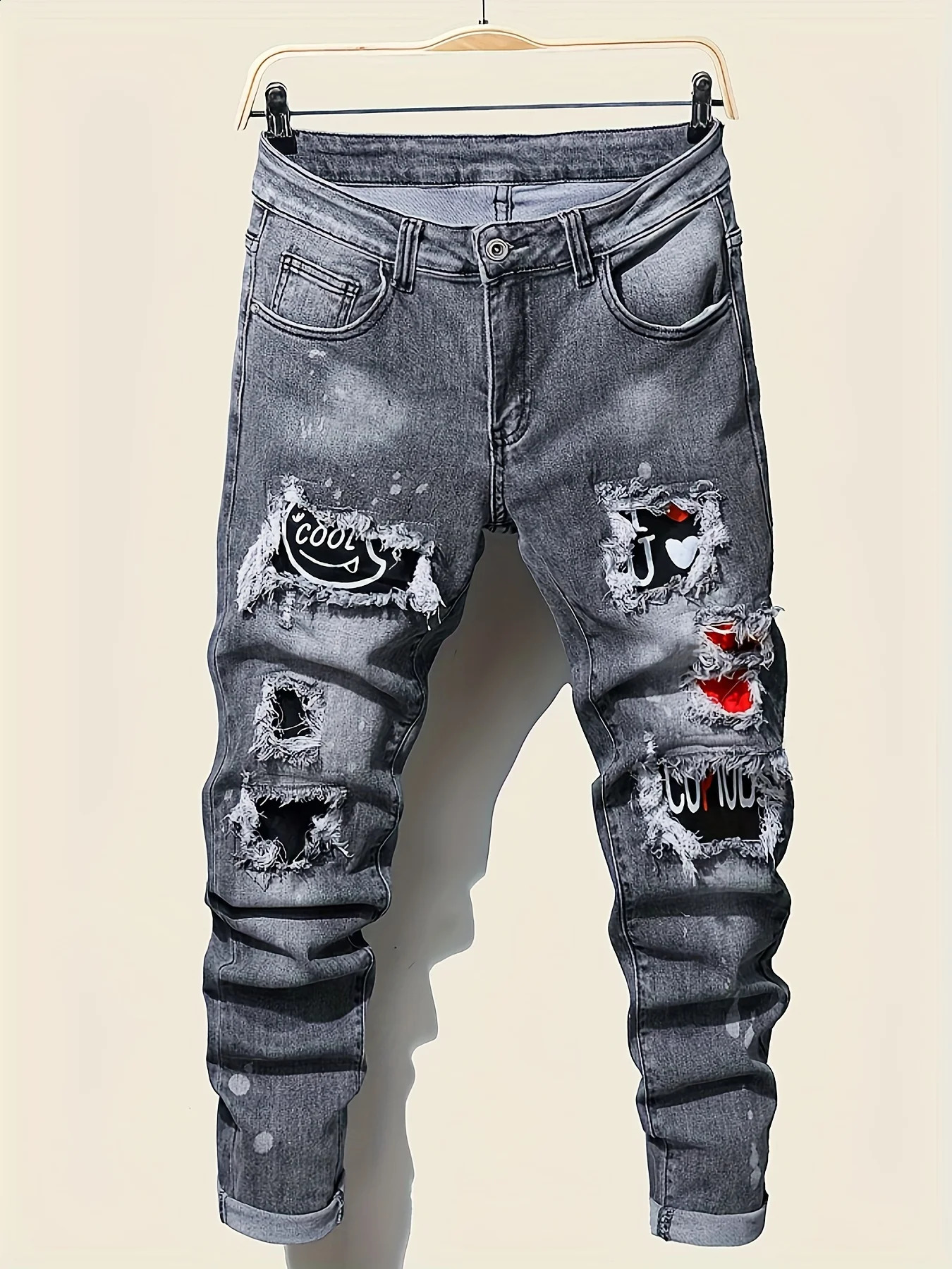 Mens slim fit ripped long denim pants tight jeans with pockets side straps and zippers mens jogging pants ripped stretch 260530BJ