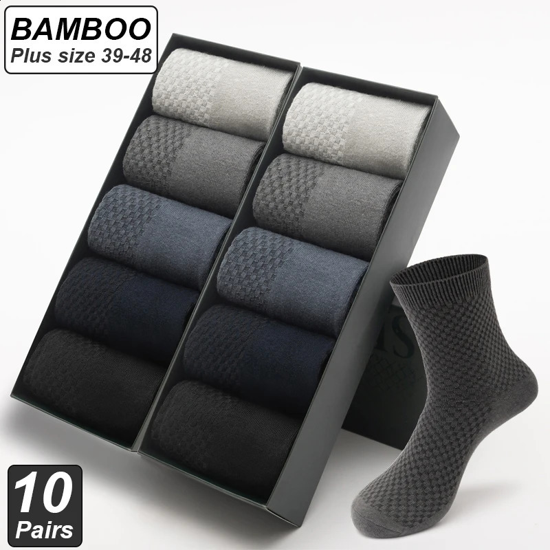 10PairsLot Mens Bamboo Fiber Socks Long Black Business Soft Breathable High Quality Autumn for Male Socks Plus Size 39-48 260530BJ
