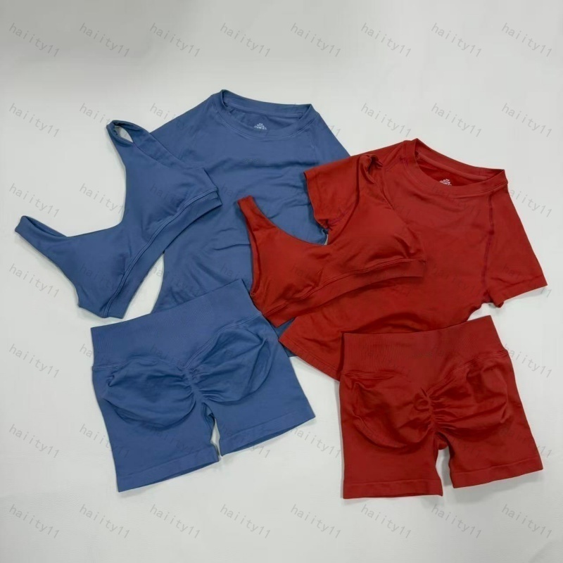 Dyfn Set da 3 pezzi per yoga senza cuciture reggiseno sportivo+t-shirt+pantaloncini a vita alta completo da allenamento per sollevare i glutei per d