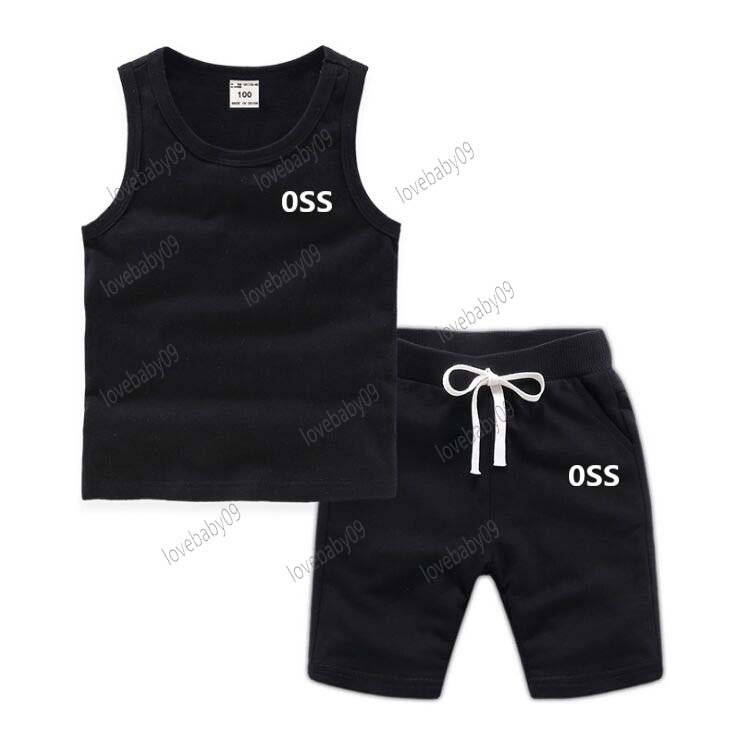 Summer Short Sleeve Children Set Letter Print Sports 100% Cotton Black T-shirt Shorts 2pcs Set Kids Boys Girls Fashion Tracksuit-image-1069243407