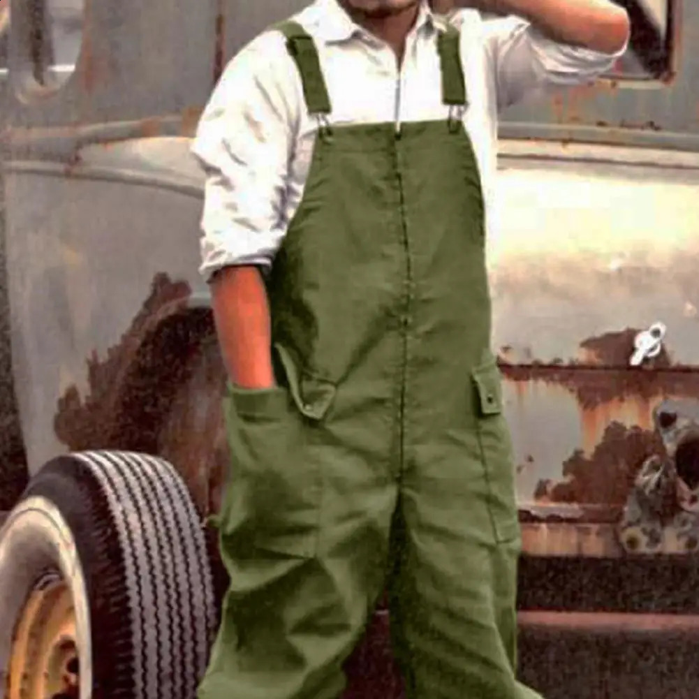 Retro Style Men Denim Jumpsuit Casual Loose Fit Overalls with Large Pockets Soft Thick Fabric Cargo Jumpsuit 260527BJ