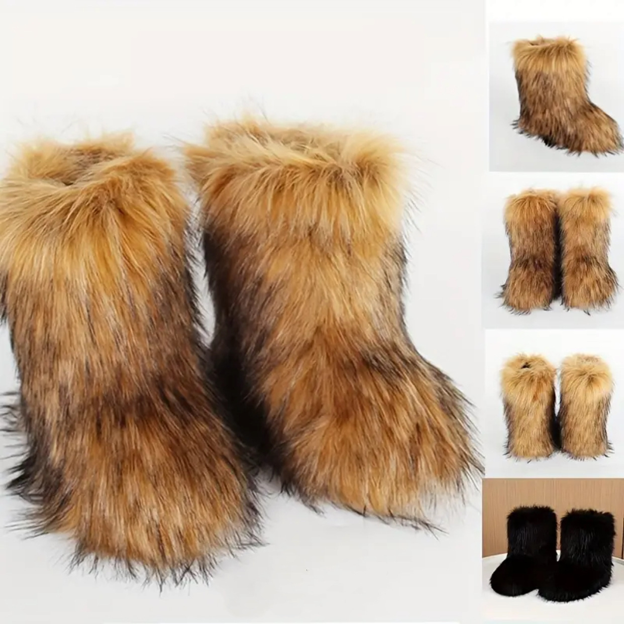 Free shipping luxury Womens Faux Fur Mid-Calf Boots Warm Winter Fluffy Fur Boots for Cold Weather