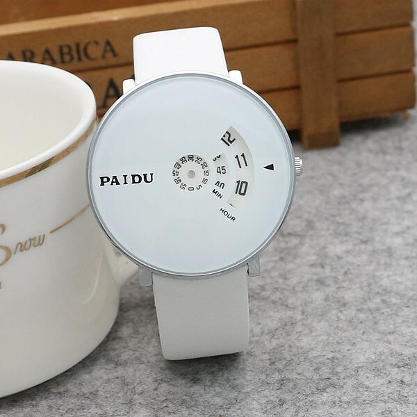 Minimalist Creative Non-pointer Quartz Wristwatch Rotate Time Display Silver Case White PU Leather Band Unisex Casual Business Dress Watch