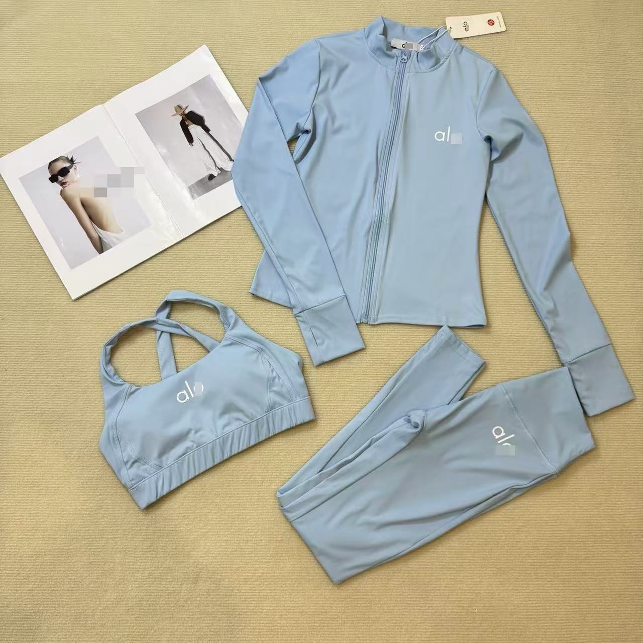 Summer yoga set designer brand women's fashion temperament new yoga exercise set printed zipper jacket+chest cushion vest+pants three piece set