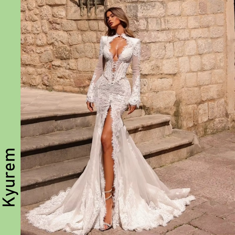 Sheer Lace Deep V Neck Boho Wedding Dresses Front Split Long Sleeves Bridal Gown Outdoor Ceremony Floor Length Sexy Bride Dresses