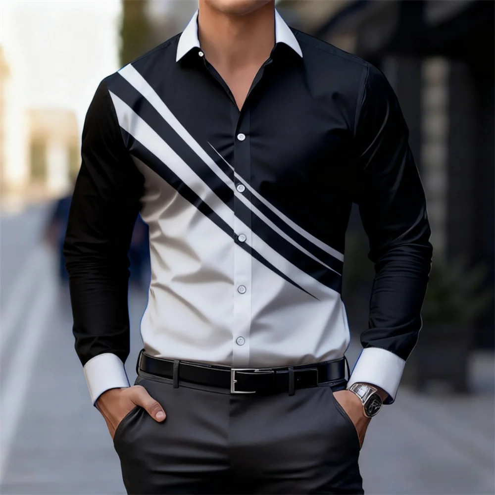 Fashion Mens Color-Blocked Striped Long-Sleeved Shirt Clothing Turn-Down Collar Button up Shirt Outdoor Casual Shirt for Men 260630BJ