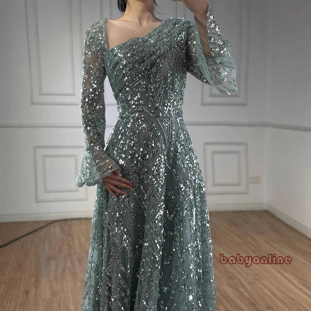 Classy Beaded Mermaid Prom Dresses Long Sleeves Pleated Evening Gowns High Neckline Sweep Train Satin Special Occasion High Quality For Party