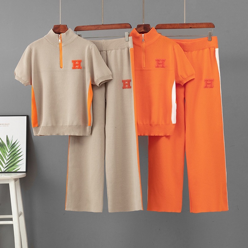 Cross-Border European Summer New Style Stand-Up Collar Zipper Fashion Embroidered Short-Sleeve Sports Casual Wide-Leg Pants Knit Suit For Women