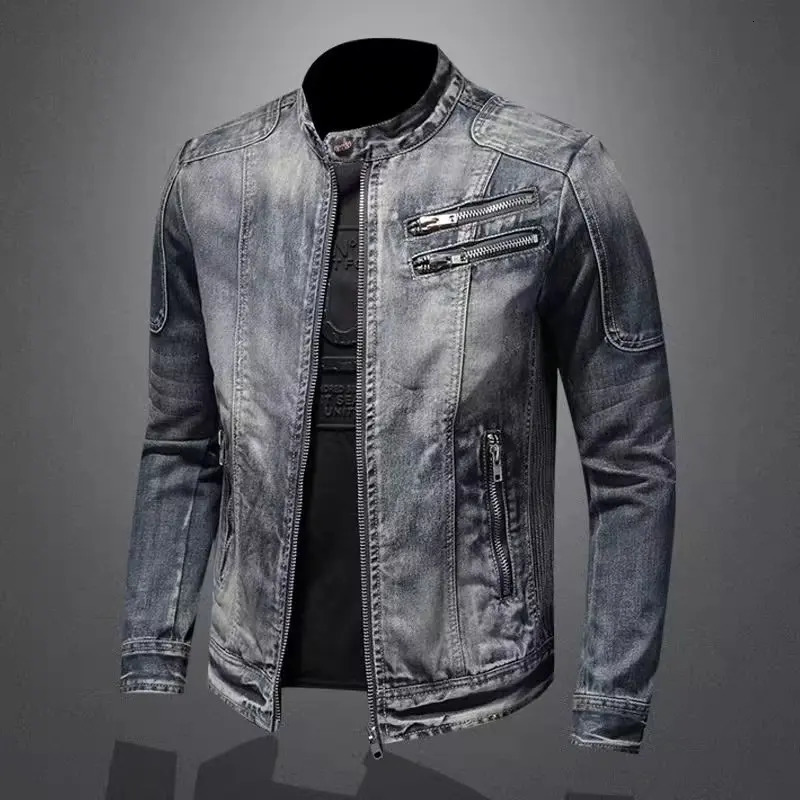 Denim Jackets Men Casual Stand Collar Moto Biker Outerwear Coats Mens Fashion Zippers Motorcycle Streetwear Jacket Male Clothes 260630BJ
