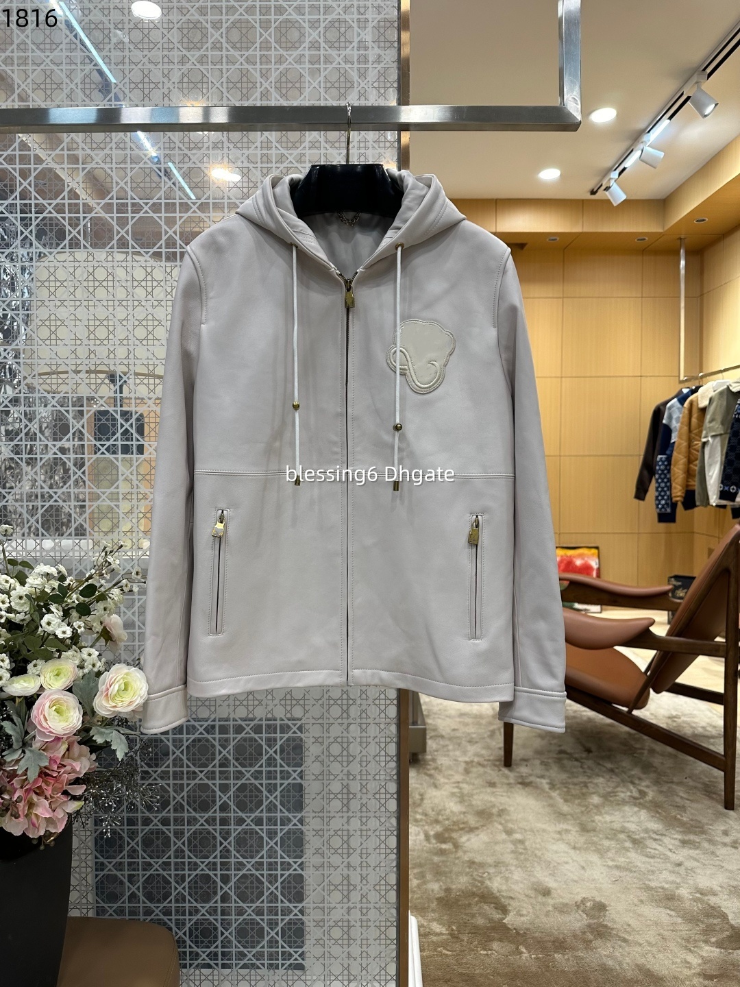 Designer men's leather jacket, soft sheepskin hooded leather jacket, full zipper embroidered patch drawstring hood, couple's casual jacket