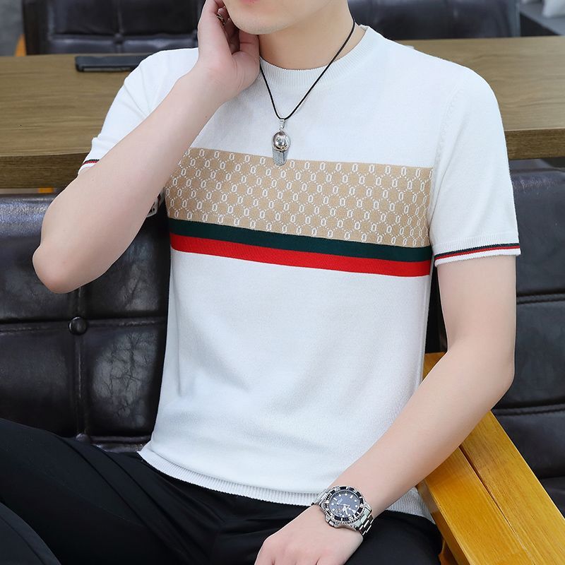 Men's slim-fit stylish trendy round-neck short-sleeve knitted sweater, men's autumn and winter base layer pullover