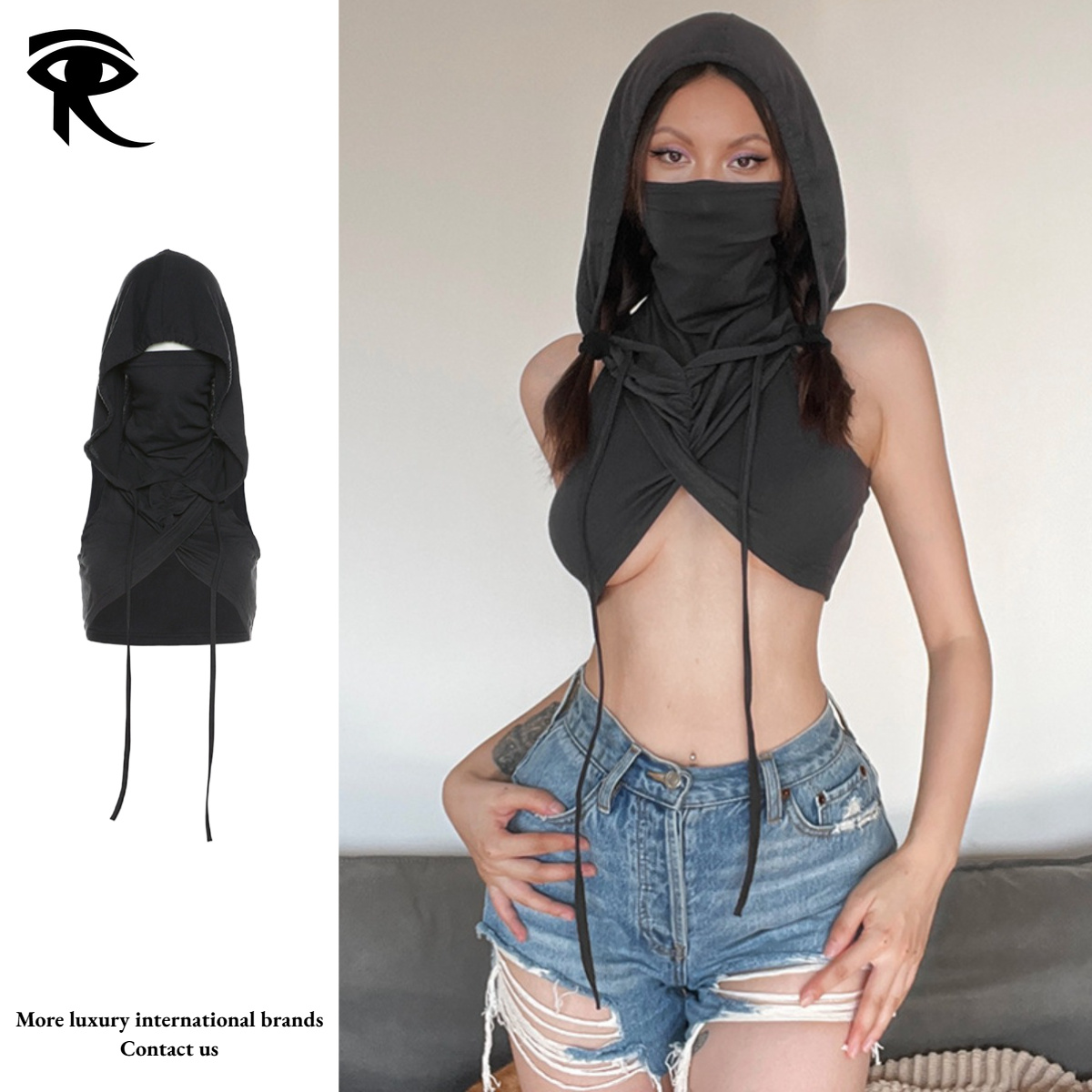 2026 Spring Summer New Dark Gothic Knight Style Hooded Halter Top, Grunge Punk Slim Fit Backless Crop Tank, Designer Alternative Clothing Wholesa