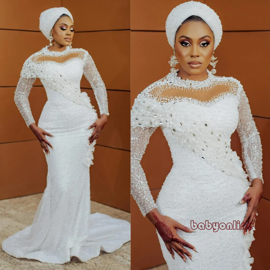 Size Plus Aso Ebi Mermaid Dresses Bridal Bride High Neck Sequin Lace Pearls Decorated Wedding Gowns For African Nigeria Black Women Girl Nw140