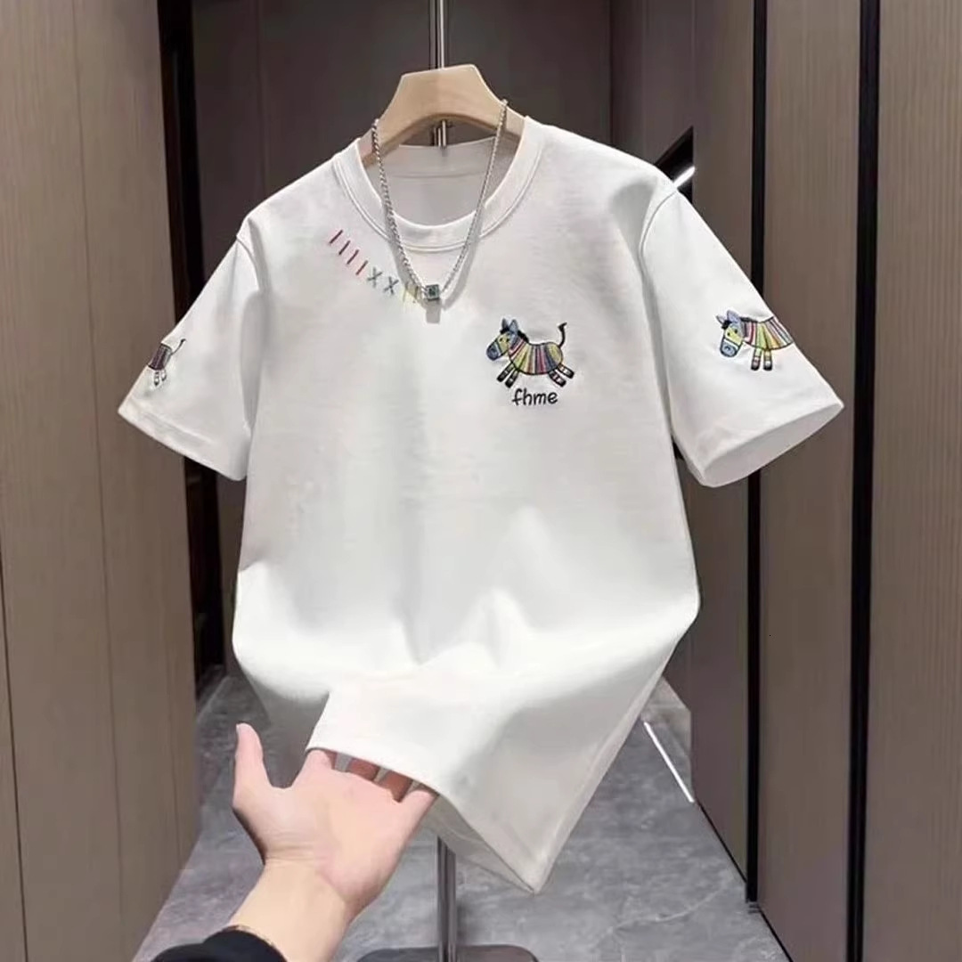 2026 New Men Colorful Striped Pony Multi Position Embroidery T Shirt Crew Neck Short Sleeve Tee Soft Cotton Minimalist Cute Casual Summer Tops