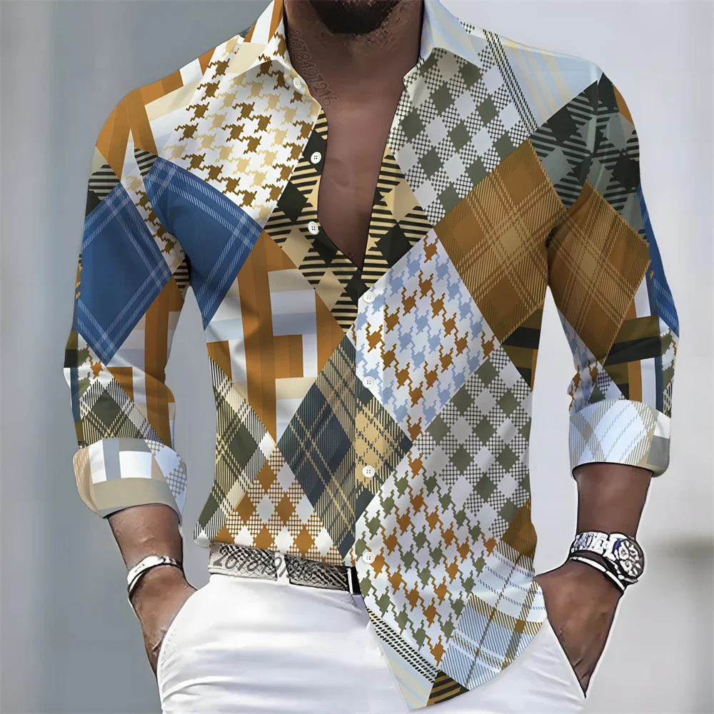 Mens color-blocked houndstooth long-sleeved shirt retro British style casual shirt fashionable comfortable and versatile top 260630BJ