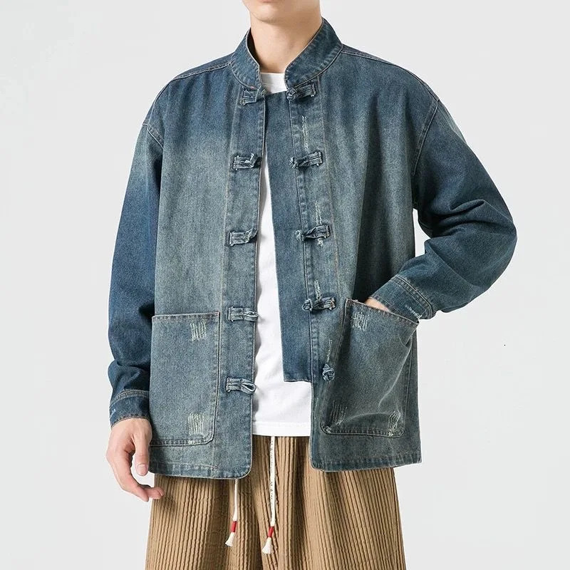 Retro Chinese Style Washed Denim Jacket For Men Spring Autumn Long Sleeved Stand Collar Top Fashion Vintage Ethnic Shirts Coat 260630BJ