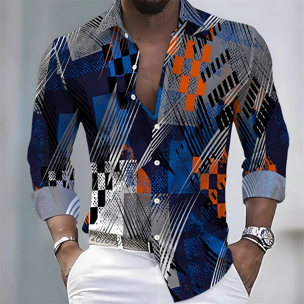 European and American style color-blocked geometric abstract print mens long-sleeved shirt versatile top for spring and autumn 260630BJ