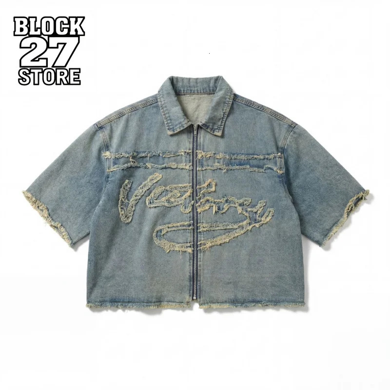 Mens Denim Jacket Vintage Embroidery Washed Coat Harajuku Unisex Loose Fit Cropped Streetwear Casual Summer Fashion Trend 260629BJ