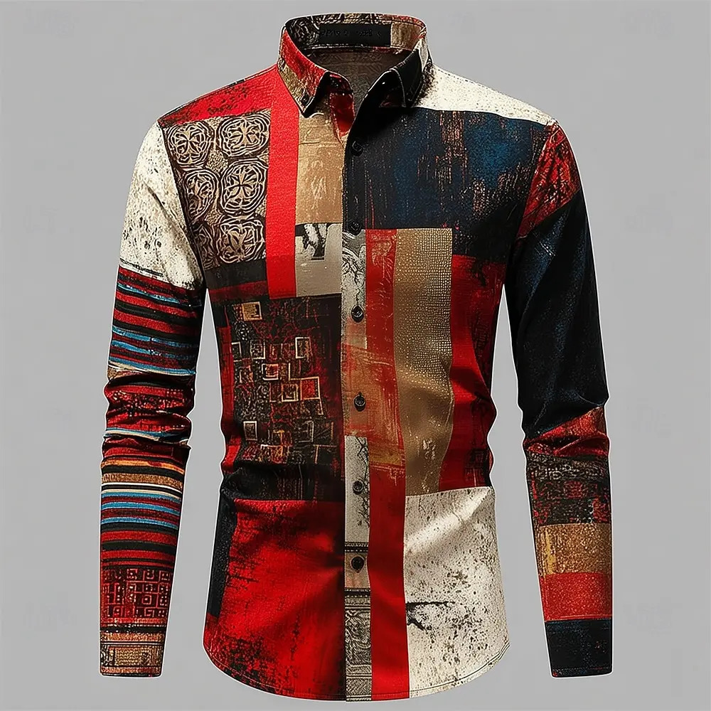 2025 Vintage Mens Color Block Patchwork Shirt 3D Printed Shirt Button Up Shirt Casual Long Sleeve Shirt Street Blouse for Men 260630BJ