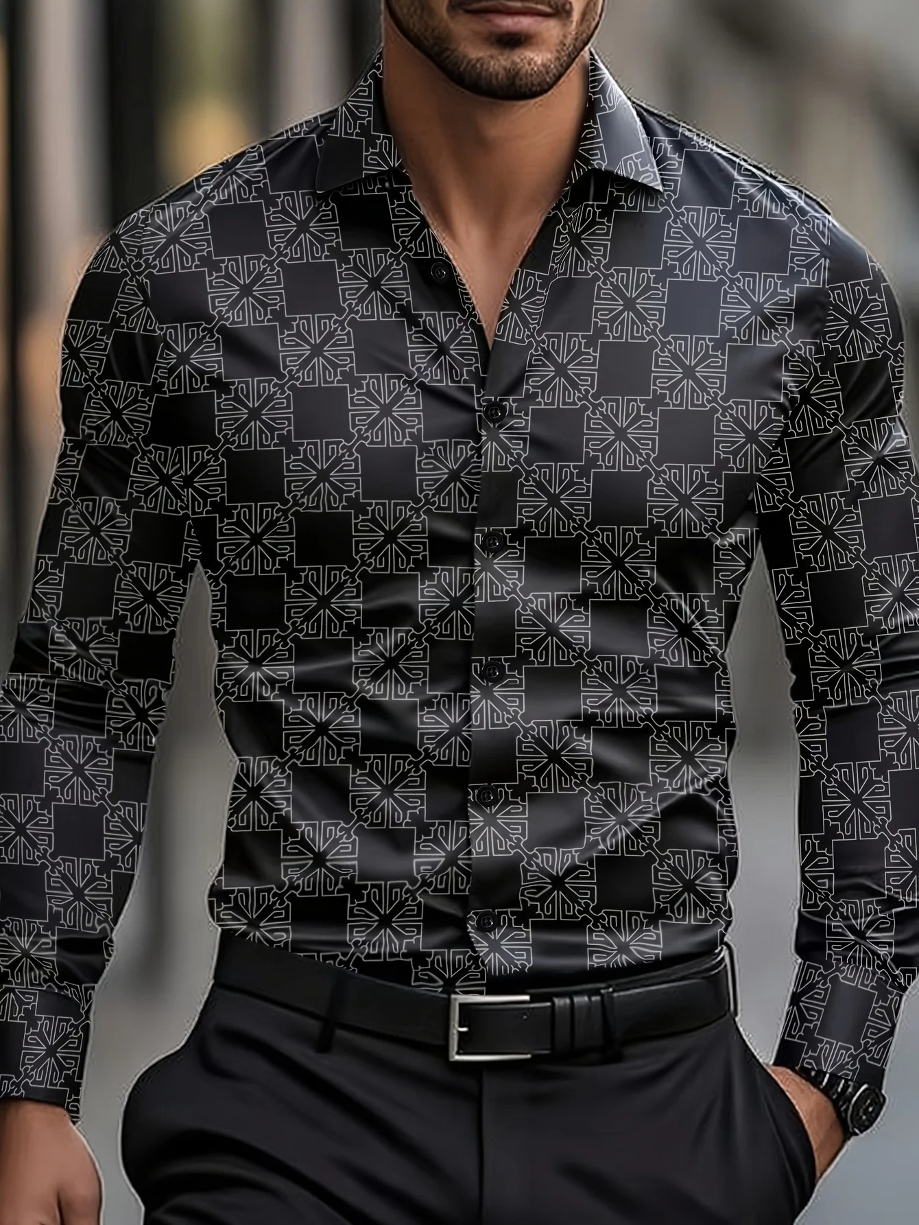 Stylish geometric print mens long-sleeved shirt casual button-down shirt comfortable for everyday office work dates travel 260630BJ