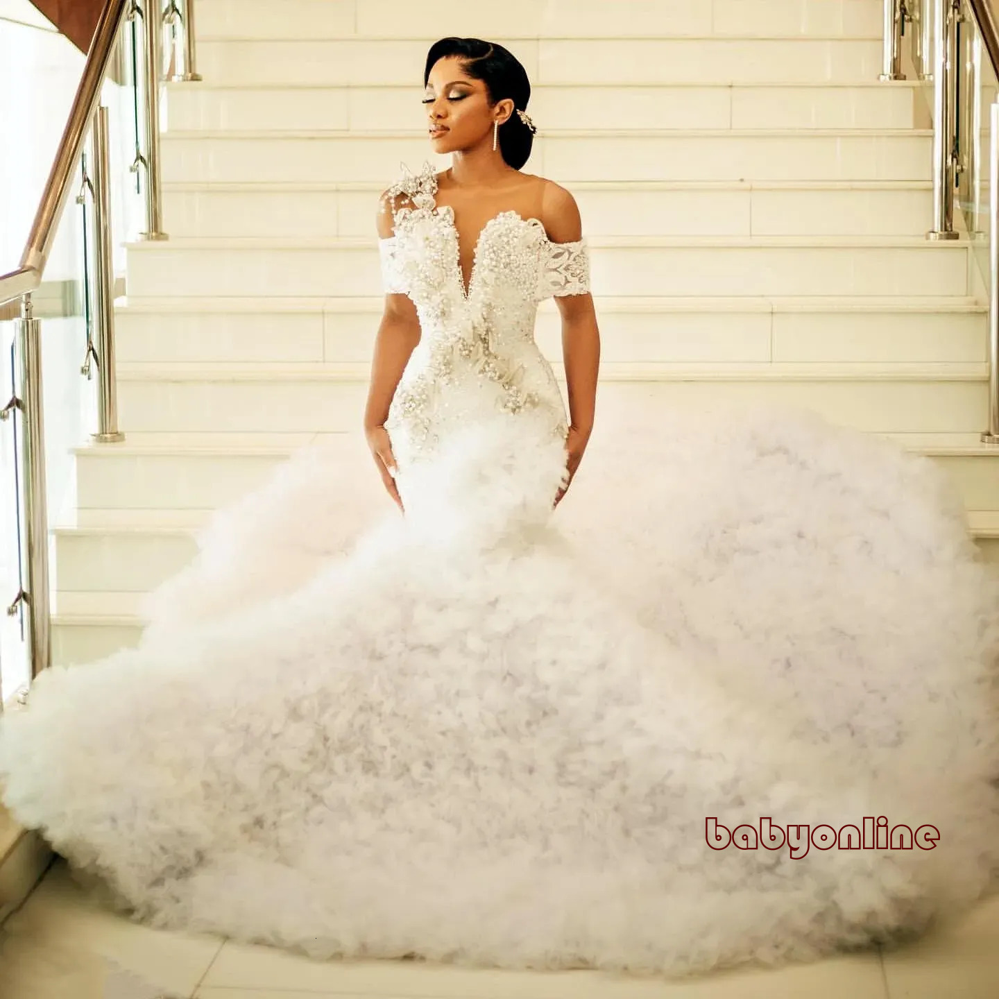 Ivory Mermaid Wedding Dresses Florals Pearls Beaded Crystals Lace Tiers Bridal Gowns Dress