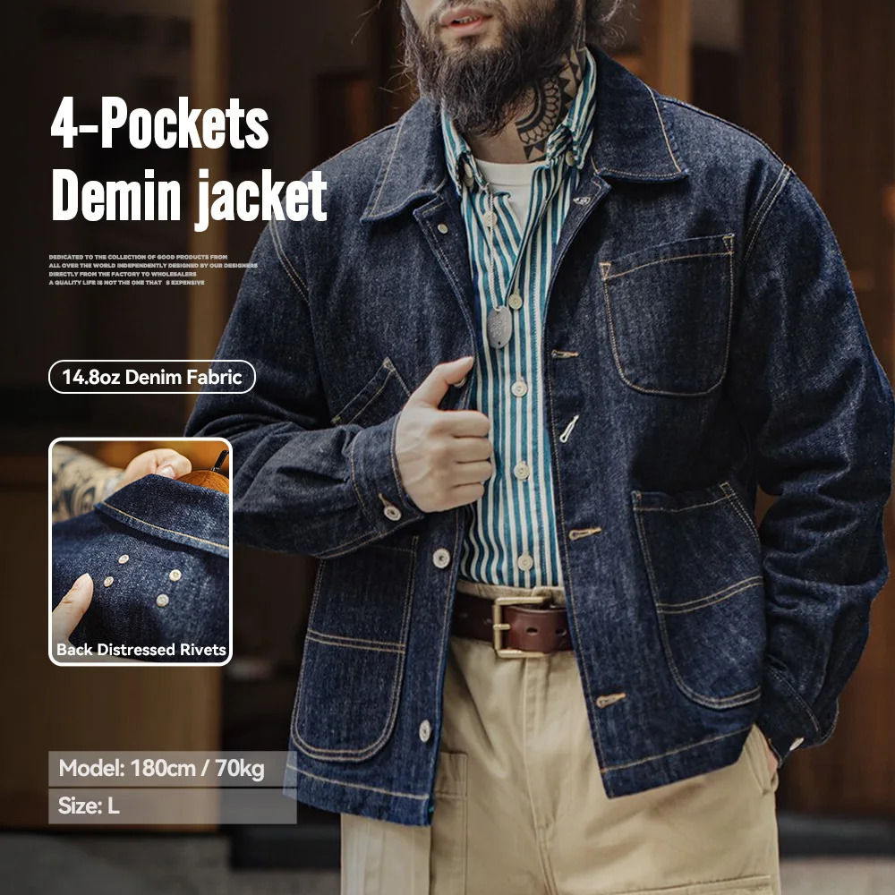 Maden Vintage 4-Pockets 14OZ Jacket for Men Stand Collar Denim Jacket Outwear Coat Version for Mens Spring Streetwear Coats 260630BJ