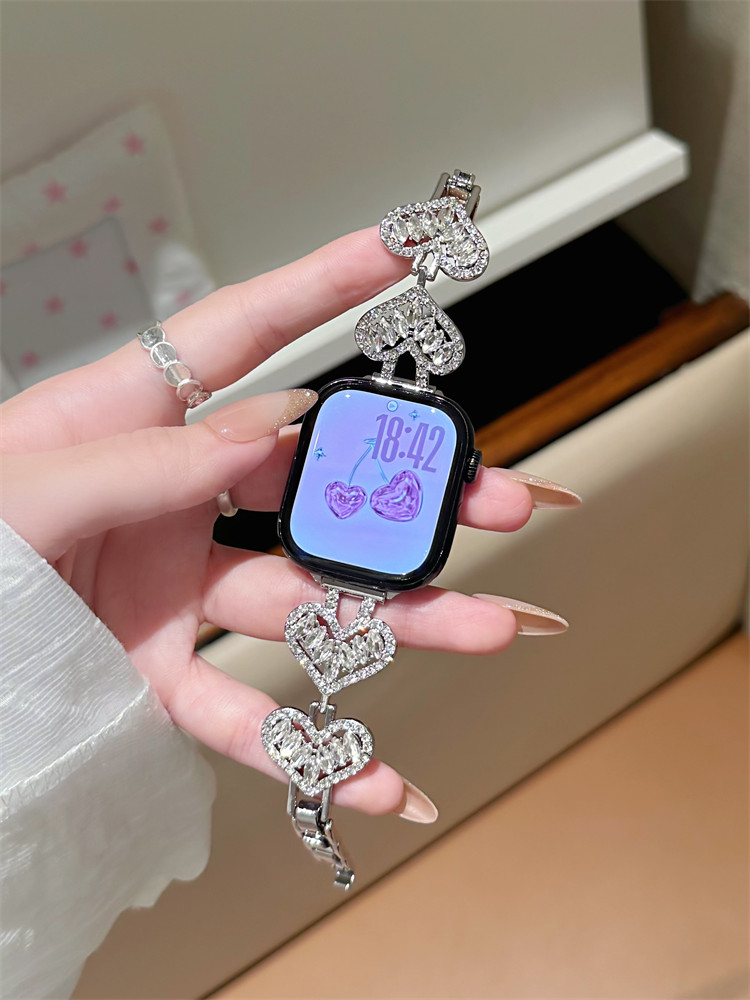 Bling Heart Metal Watch Band for Watch Rhinestone Link Chain Bracelet Strap Elegant Jewelry Replacement Band for iWatch Series11/10/9/8/7/6/5/4/SE U