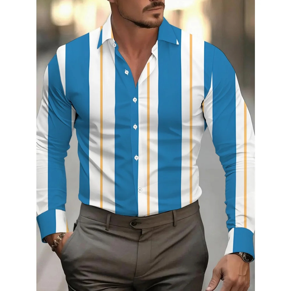 Mens Color-Blocked Striped Long-Sleeve Shirtretro Style Business Casual Shirt Personality Mens Trendy Tops Versatile Shirts 260630BJ