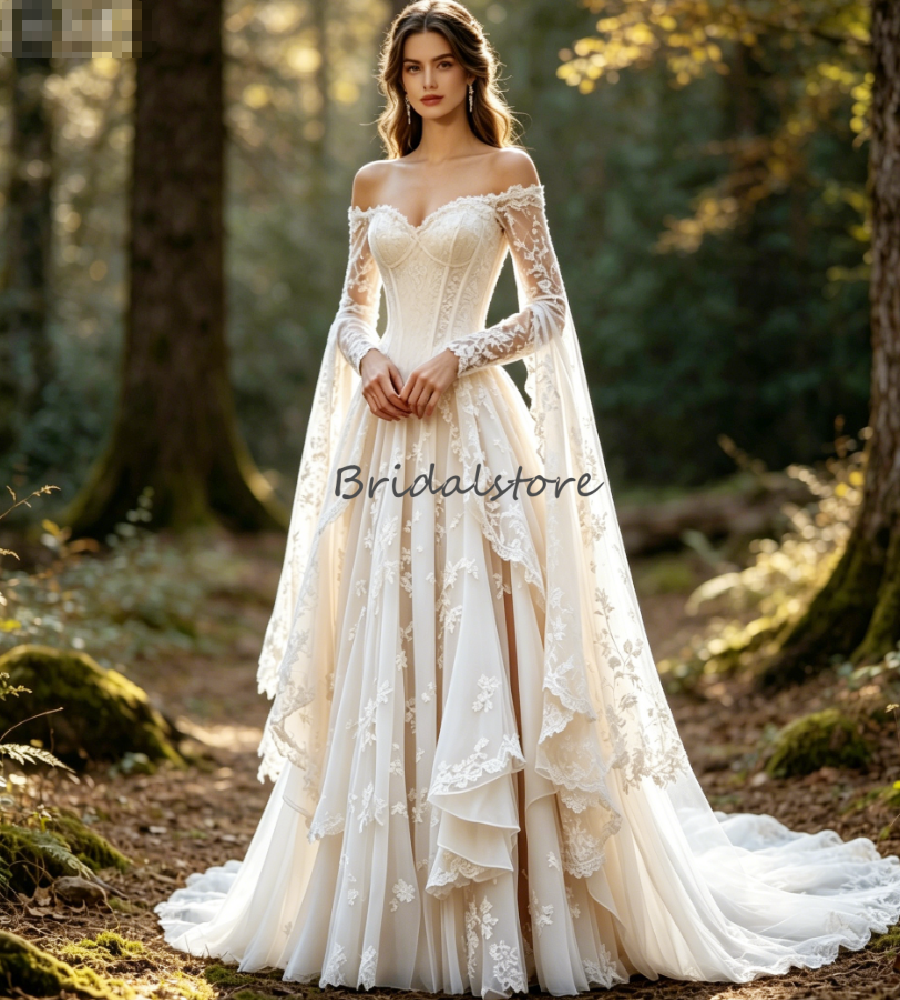 Boho Fairy Forest Wedding Dress Off The Shoulder Cape Sleeves Lace Forest Woodland Elopement Bride Dresses Medieval Country Vestio De Novias 2026 Ga