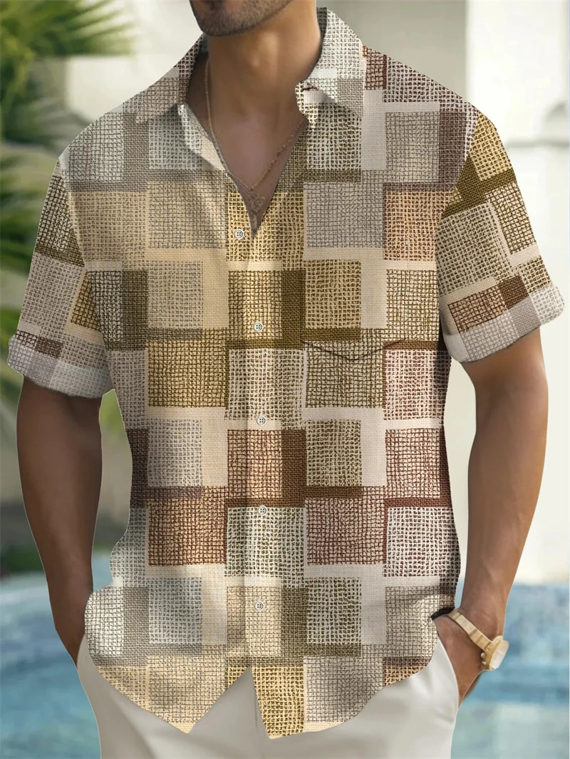 Mens Geometric Color Block Patchwork Shirt Button Shirt Short-sleeved Fashion Casual Summer Lapel 3D Printing Unisex Shirts 260630BJ