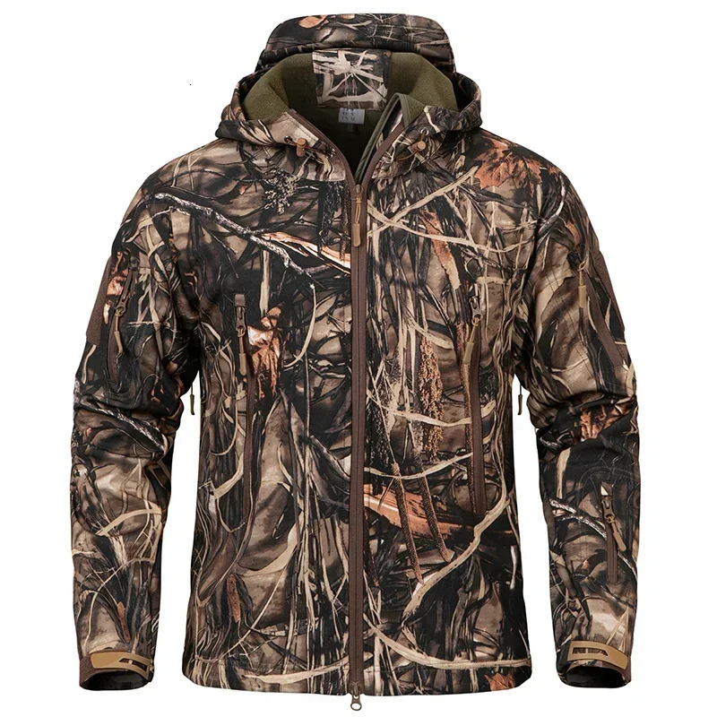 Mens Silent Camouflage Hunting Jacket Soft Shell Outdoor Hiking Fishing Hooded Coat Waterproof Fleece Tactical Jackets 260630BJ