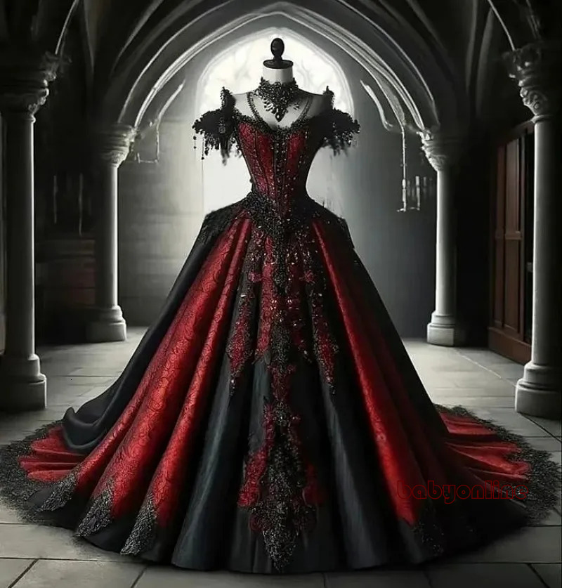 Gothic Black And Dark Red Wedding Dresses Appliques Beaded Off Shoulder Vintage Bridal Gown Court Train Medieval Corset Vestido De Novia