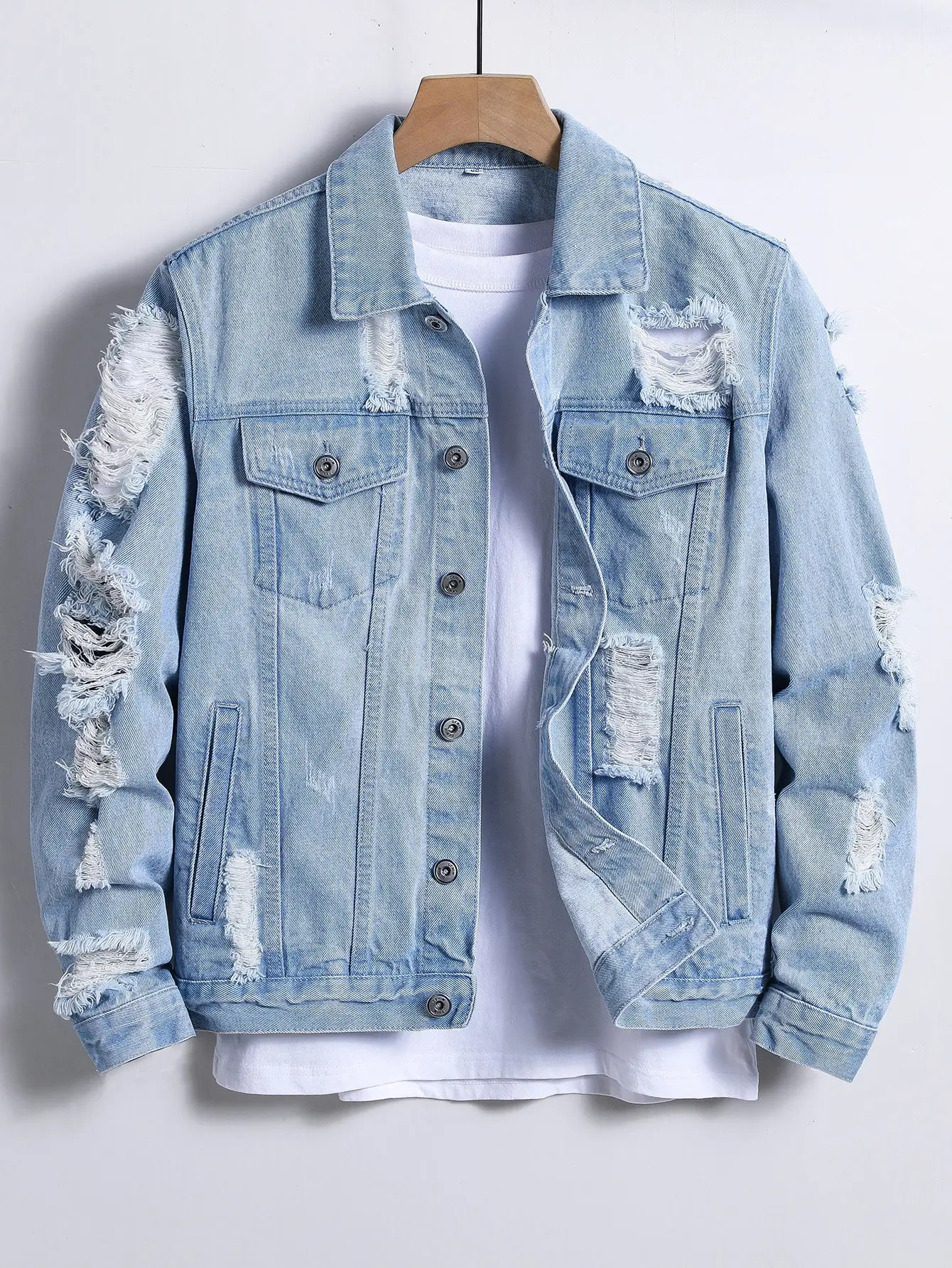 Mens denim jacket for spring and autumn Light blue ripped denim jacket Street trend style Daily casual 260630BJ