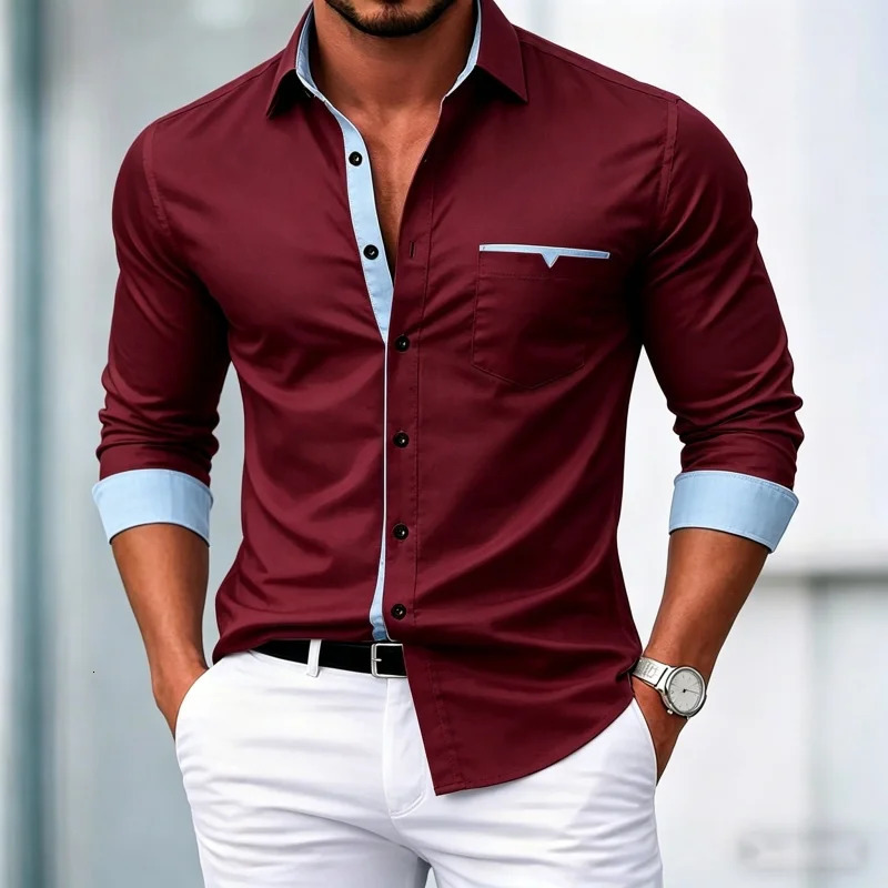 High quality mens shirts contrasting long sleeved shirts business casual shirts trendy dating versatile mens clothing 260630BJ