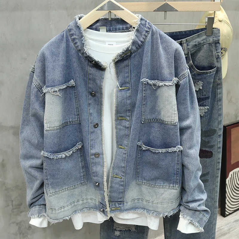 Spring Autumn Men Fringed Denim Jacket American Retro High Street Pockets Blue Coats Casual Loose Fashion Versatile Tops 260630BJ