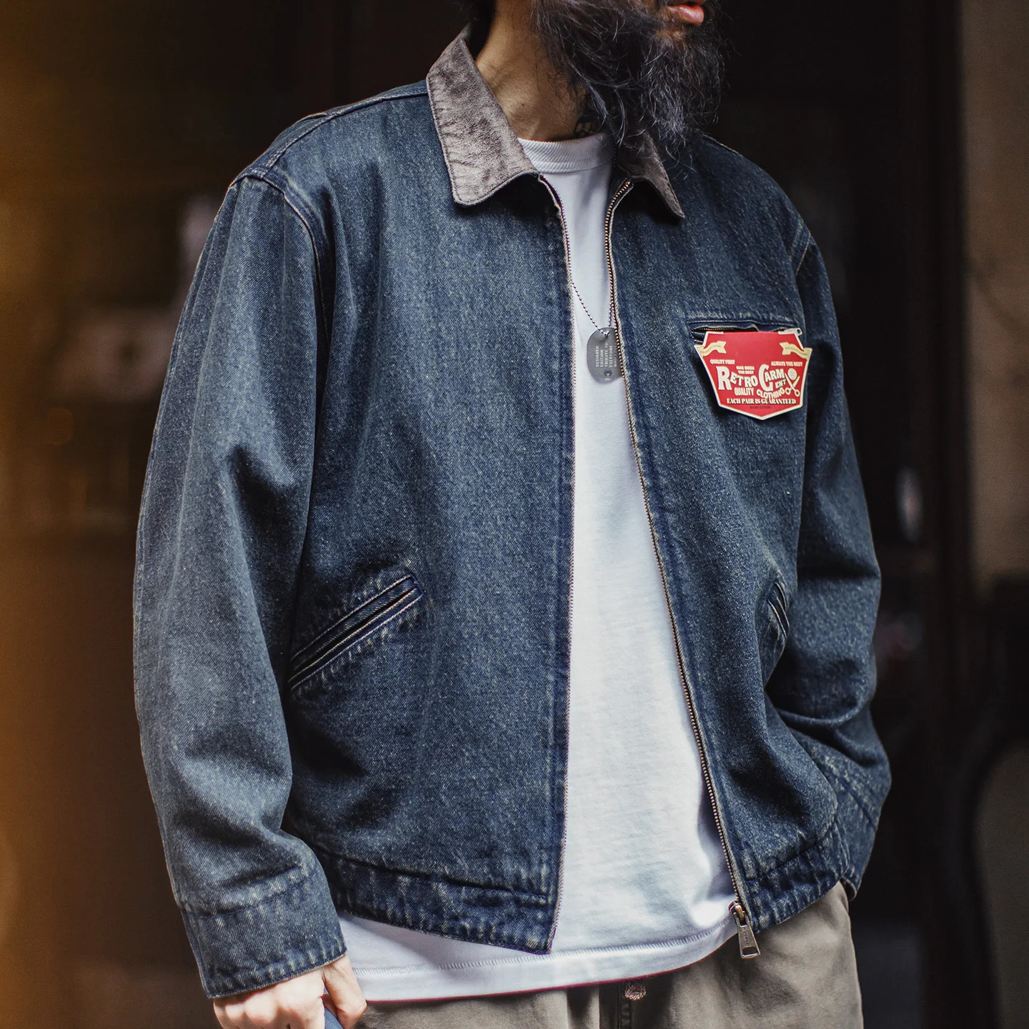 Maden Mens Vintage 105oz Detroit Denim Jacket Short Heavyweight Safari Coat Casual Lapel Collar Outerwear for Spring and Fall 260630BJ