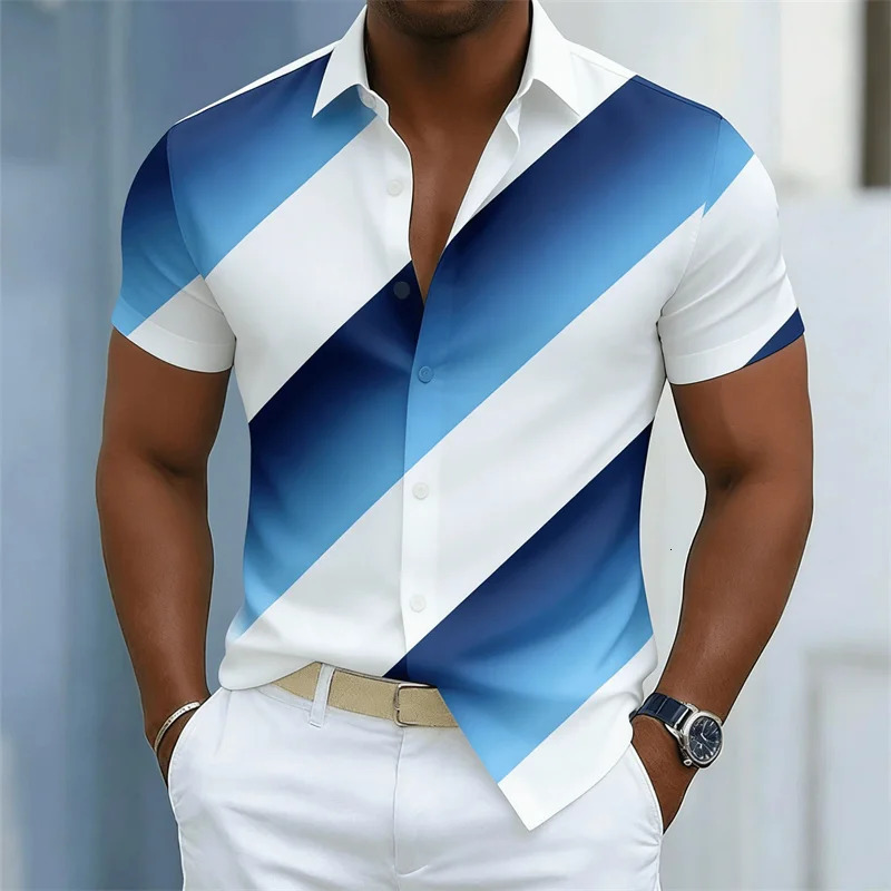 2026 Summer Mens Blue and White Gradient Striped Short-Sleeve Shirt European and American Style Loose Casual Versatile Top 260630BJ