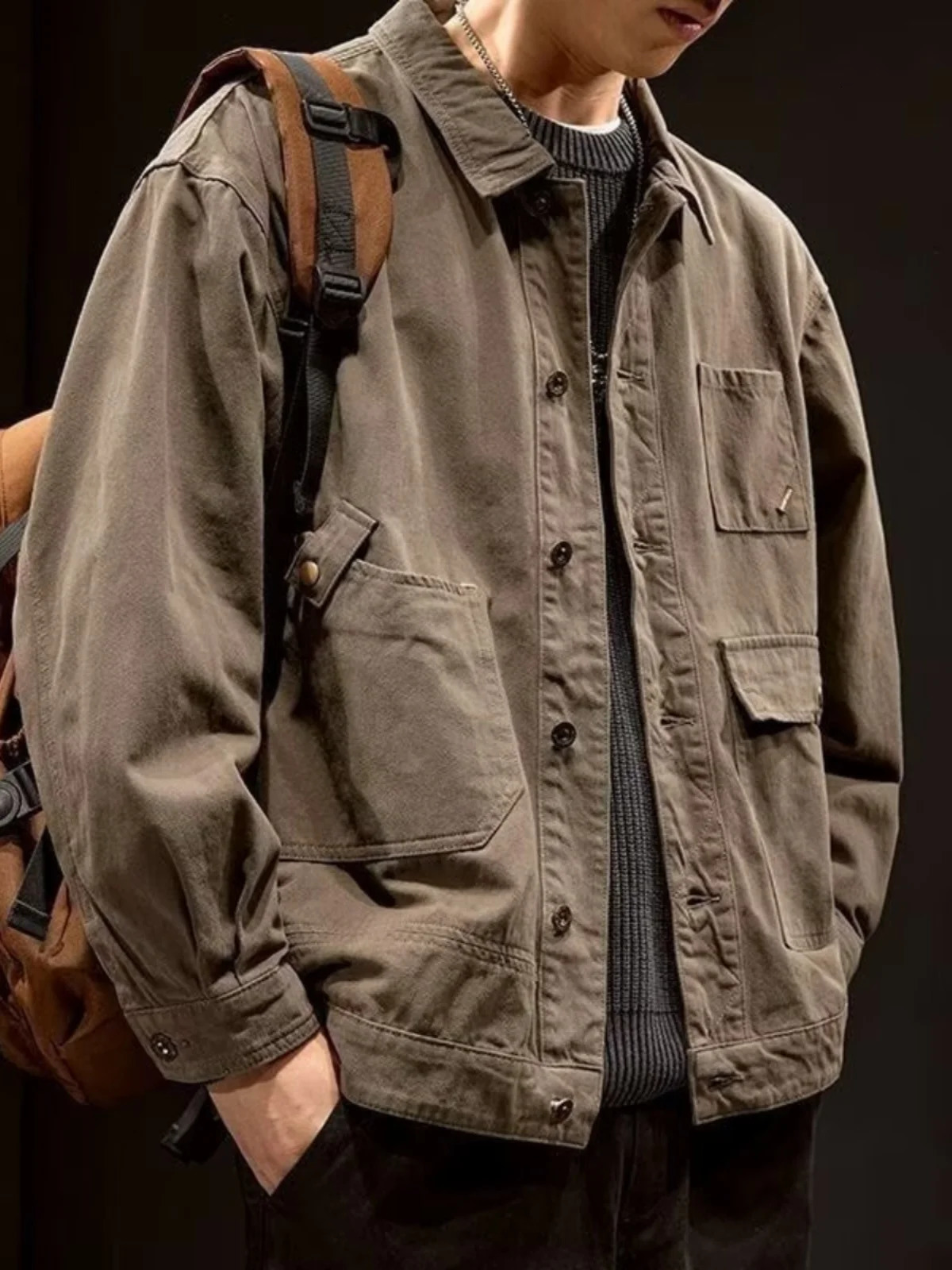 Retro Workwear Style Mens Cotton Denim Jacket Spring Autumn Casual Fashionable Hunting Coat with Multiple Pockets for Youth 260630BJ