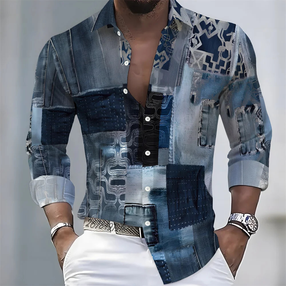 American retro patchwork print mens long-sleeved shirt casual spring and autumn turn-down collar cardigan plus size mens top 260630