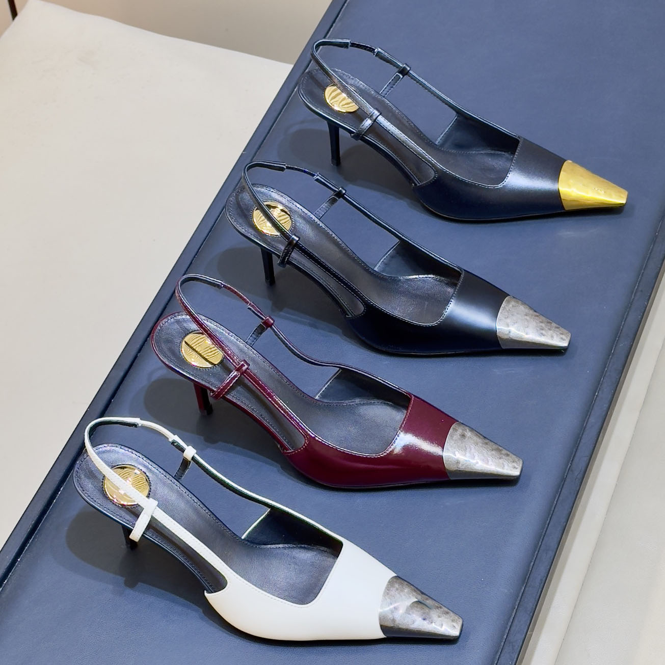 Black-and-white color-blocked metal pointed-toe thin-heel high heels with rear ankle straps