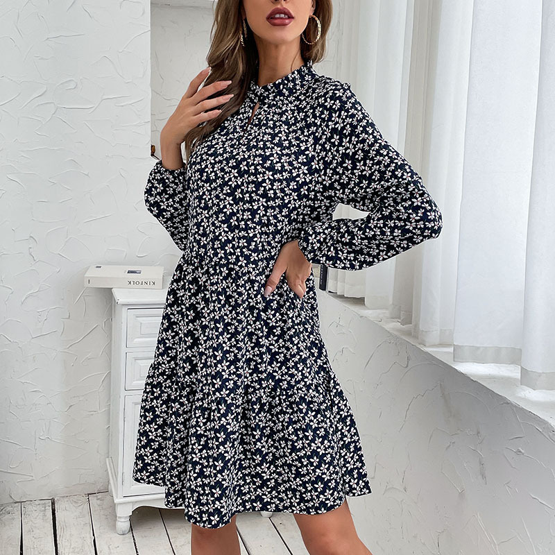 2026 autumn and winter new women's clothing European and American crew neck button retro floral long-sleeved dress-image-1113101372