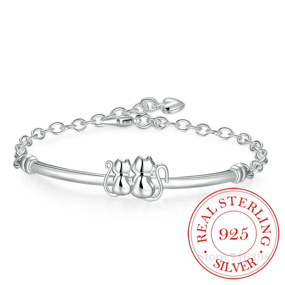 Fine Jewelry Gift 100 925 Sterling Silver Cute Couple Cat Chains Bracelet Bangle for Women Men Pulseiras De Prata 260701BJ